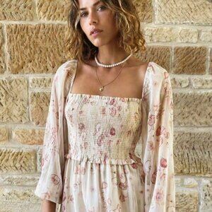 Aritzia Wilfred Cream & Pink Floral Smocked Chiffon Mesh Blouse Top